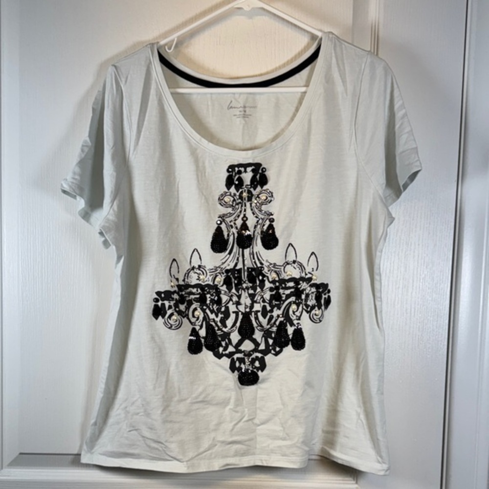 Lane Bryant Beaded White Graphic Shirt Blouse Size 14/16 EUC #5817